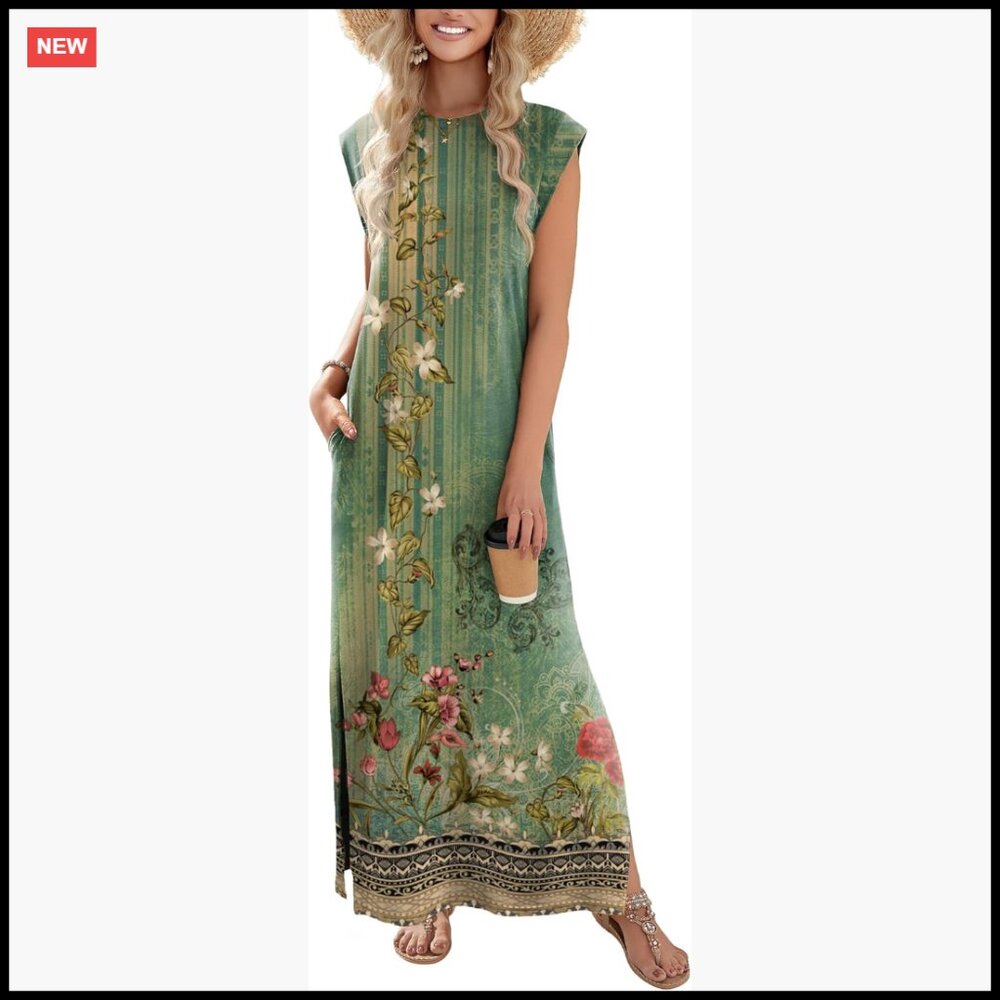 Maxi Sundress Loose Fit Split Side Slit Wrinkle Free Beach Vacation Dress
